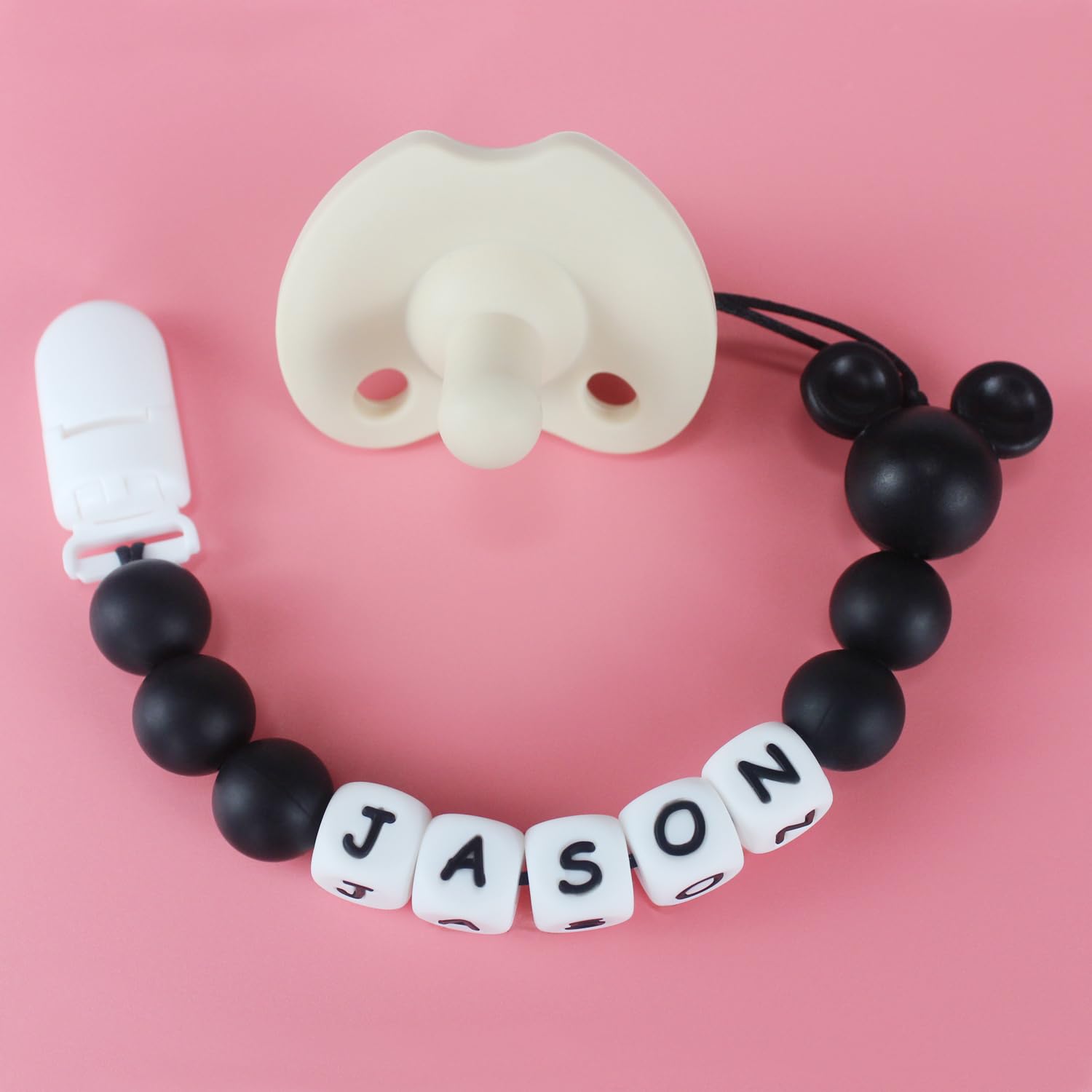 Customizable Stroller Toy Clip with Name?Personalized Soother Holder Gift for Newborns(Mouse Head), Black
