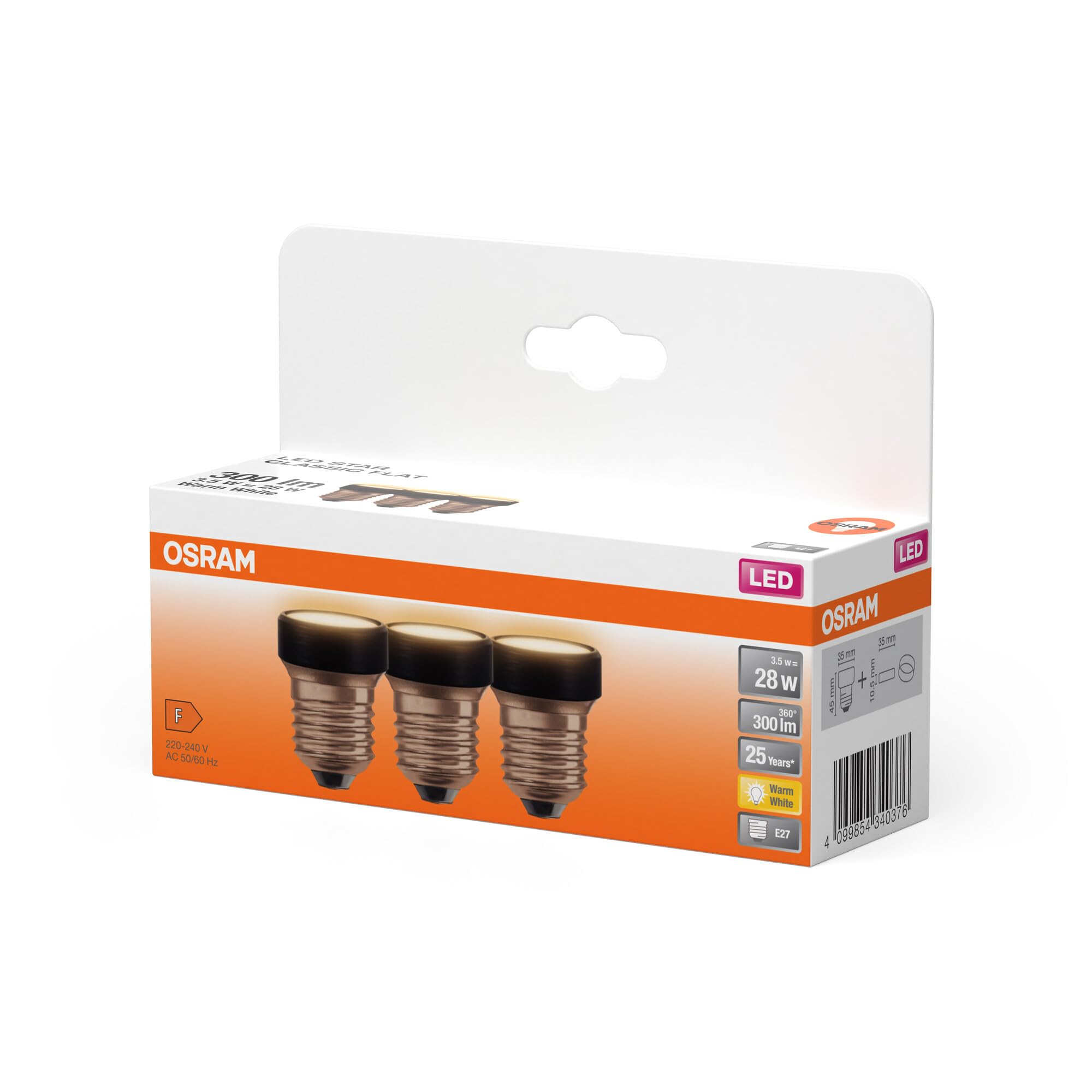 Osram LED FLAT Lampe, Vorteilspack mit 30 Leuchtmittel, ultra-kompakte LED Lampe, ersetzt herkömmliche 28W Glühbirnen, 3.5W, warmweiß (2700K), matt, E27