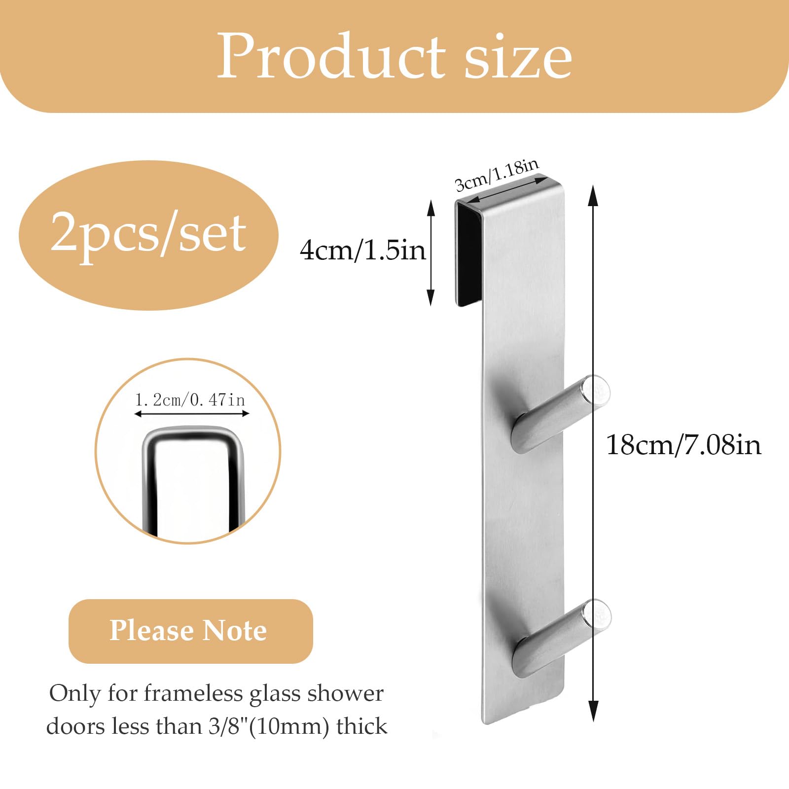 2 Pezzi Gancio Doccia - Ganci Asciugamani Bagno, Ganci sopra Porta Adatto Box Doccia in Vetro Senza Cornice di Spessore da 6-12 mm, Acciaio Inox (Gancho doble de plata)