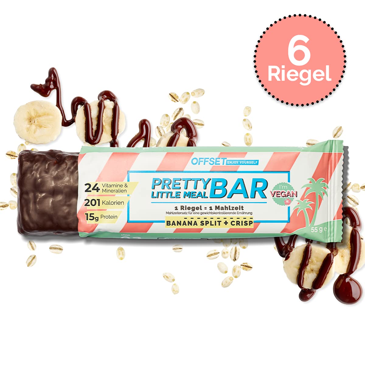 Vollwertiger Mahlzeitenersatz von OFFSET Nutrition ® | Pretty Little Meal Bar Banana Split + Crisp | zuckerreduzierter Abnehm Riegel unter 220 Kalorien | 330 g für 6 Mahlzeiten | 100 % vegan
