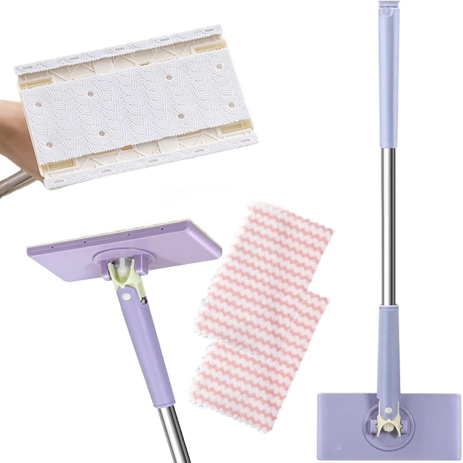 Snap Grip Mini Mop, Zero Touch Mini Mop, Portable Wet And Dry Mops with Push-Pull Handle for Home Bathroom Cleaning (Purple)