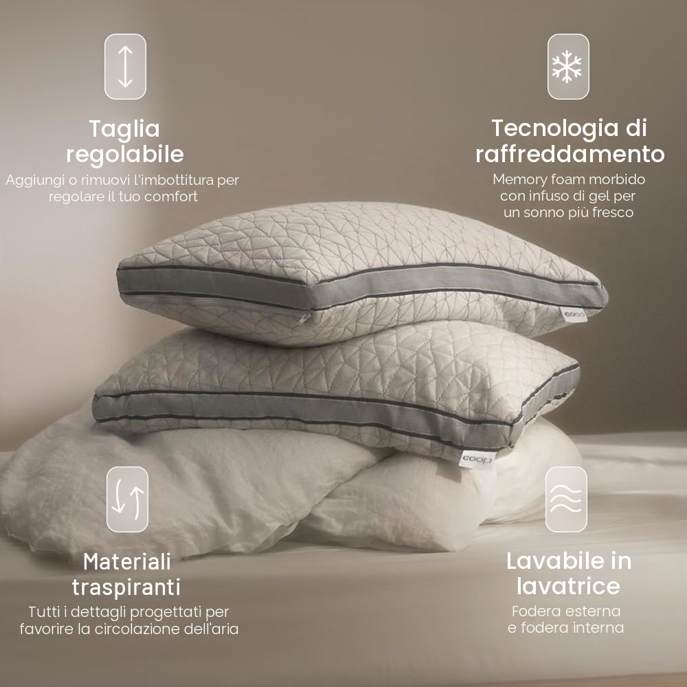 Coop Home Goods The Eden, federa ultra tecnologica con tassello, imbottitura regolabile, con gel rinfrescante e ipoallergenico e memory foam infuso di polvere di diamante con fiberfill king bianco