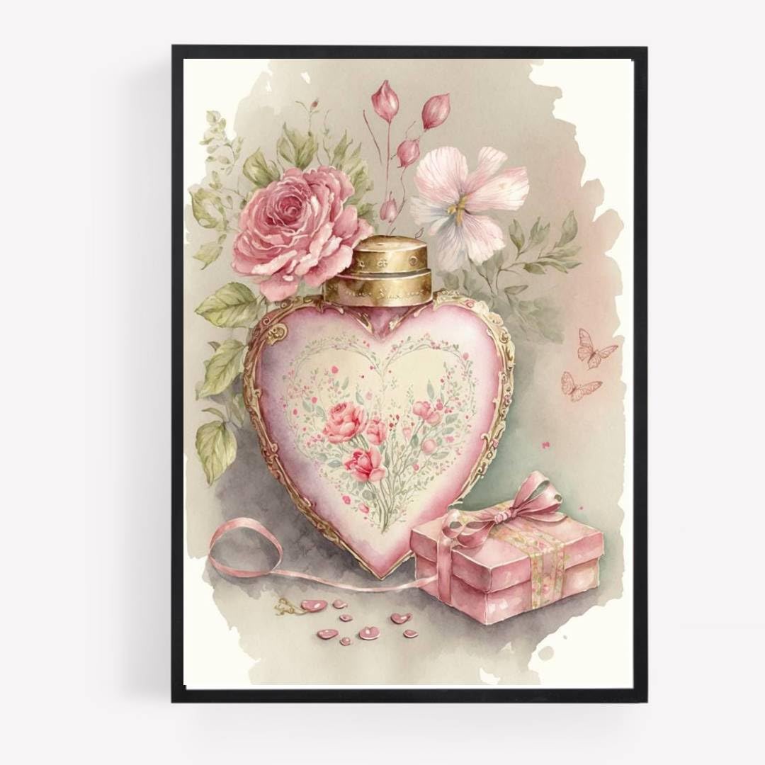 Gfc Black White Roses Flowers Print Picture Poster A4 Unframed Mason Jar Pink Heart Perfume Shabby Chic Country Vase Wall Art Home Decor Decorating