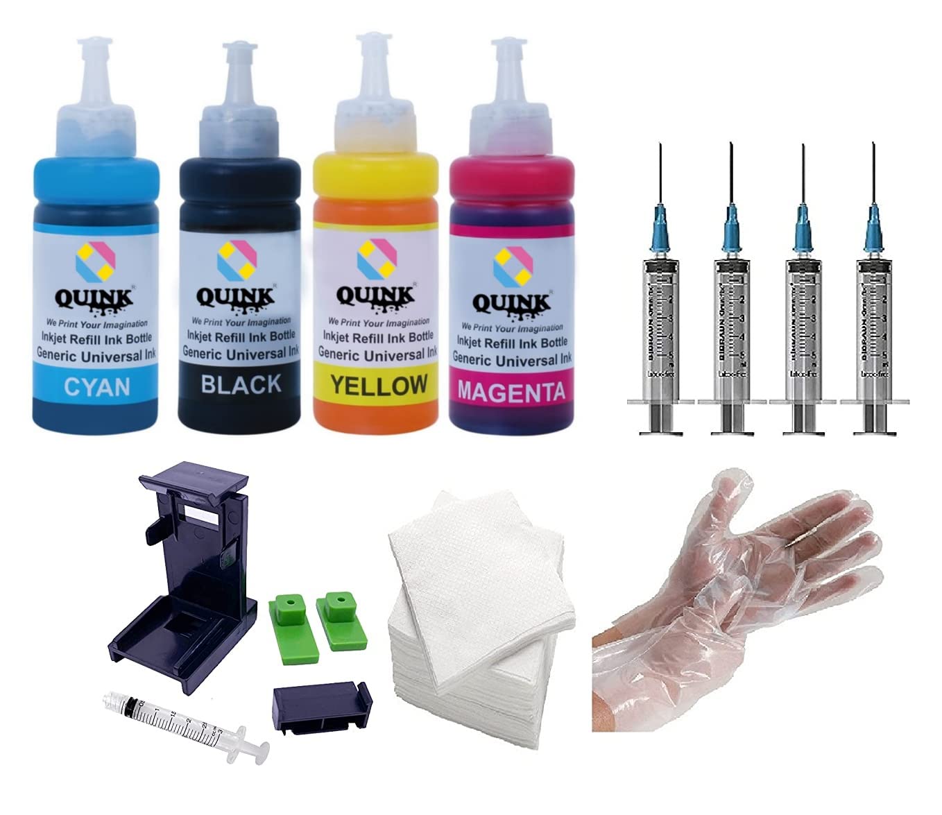 QUINK Refill kit Set Dye Ink for HP Cartridge 805, 803, 680, 678, 682, 818, 802, 901, 703, 704, 46, 21, 22, 27, 28, 56, 57, Canon 88, 98 Cartridges 4 Refill Ink Bottle Full Set (B0BF61YXFJ) Amazon Price History, Amazon Price Tracker