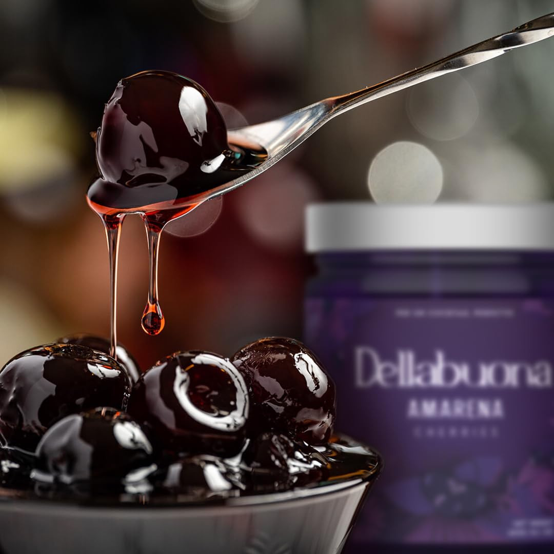 DELLABOUNA Amarena Cherries Jar Stems - Gourmet Italian Wild Cherry for Premium Cocktails Manhattans, Old Fashioned and Desserts. Rich Syrup. 400g Glass Jar (Pack of 1)