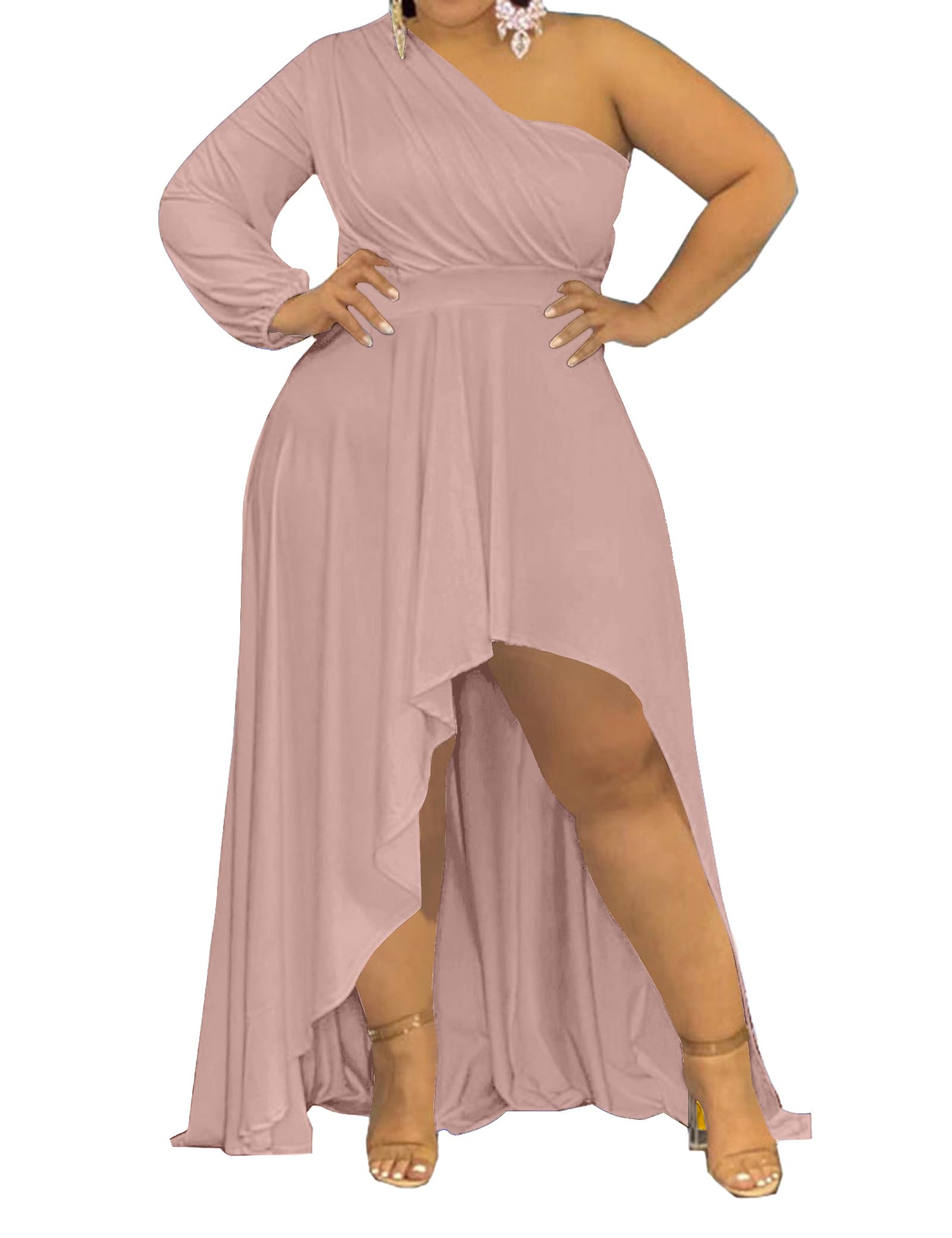 Ekaliy Women's Plus Size One Shoulder Maxi Irregular High Low Formal Dress | Stretchy fabric, high waist stretch waistband, ruffle side slit hem, single long sleeve, plus-size fit for cocktail events.