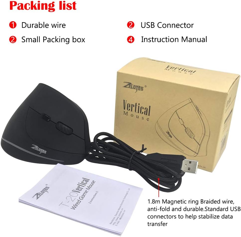 DLAND Wired Vertical Ergonomic Optical Gaming Mouse,1200/1600/2400/3200 DPI, 6 Buttons for Computer,Laptop, Desktop, PC, Notebook etc