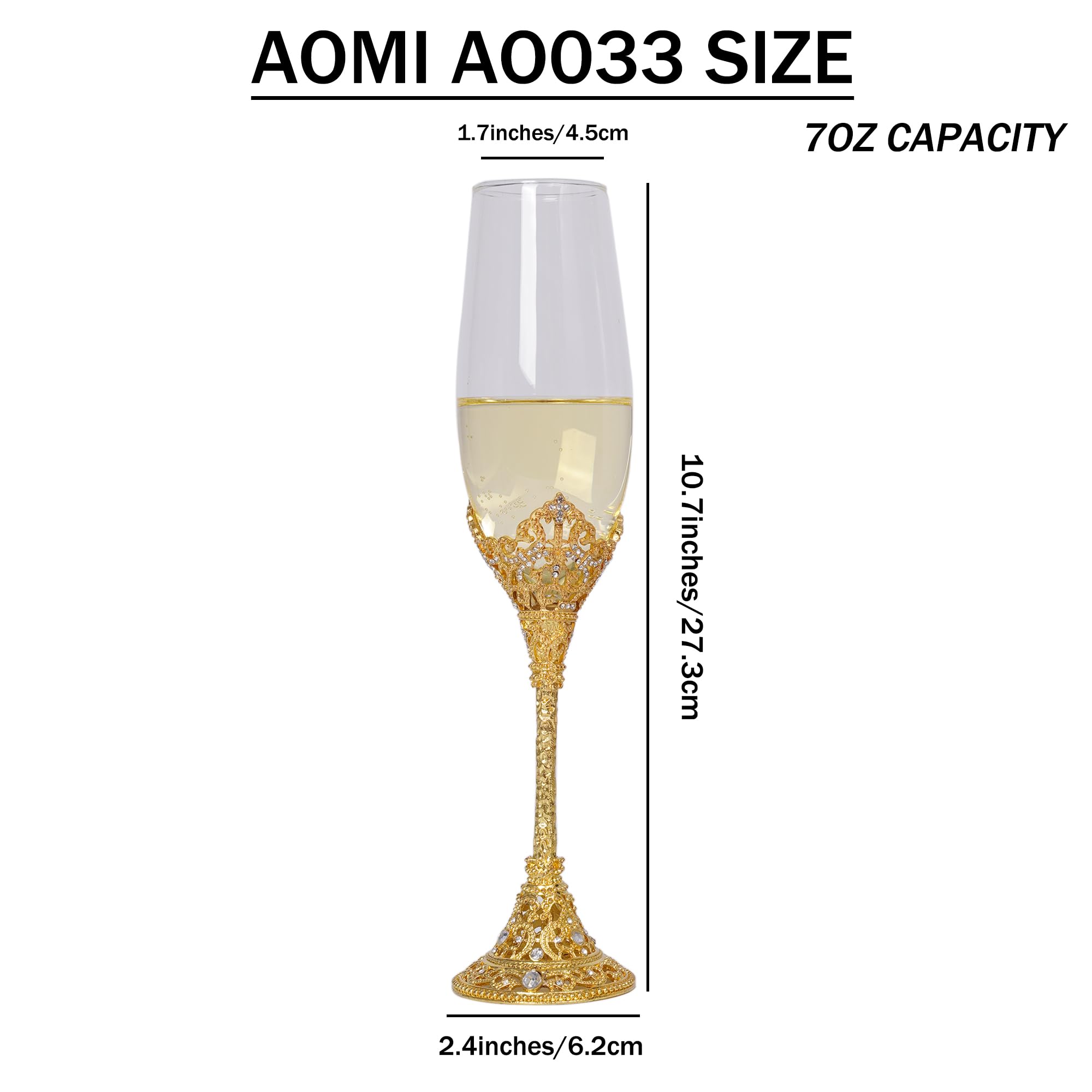 AOMI Copas de champán de boda de cristal de lujo, juego de copas de champán con tachuelas doradas de 7 onzas, elegante par de flauta grabada con caja de regalo, perfecto para bodas, aniversarios y