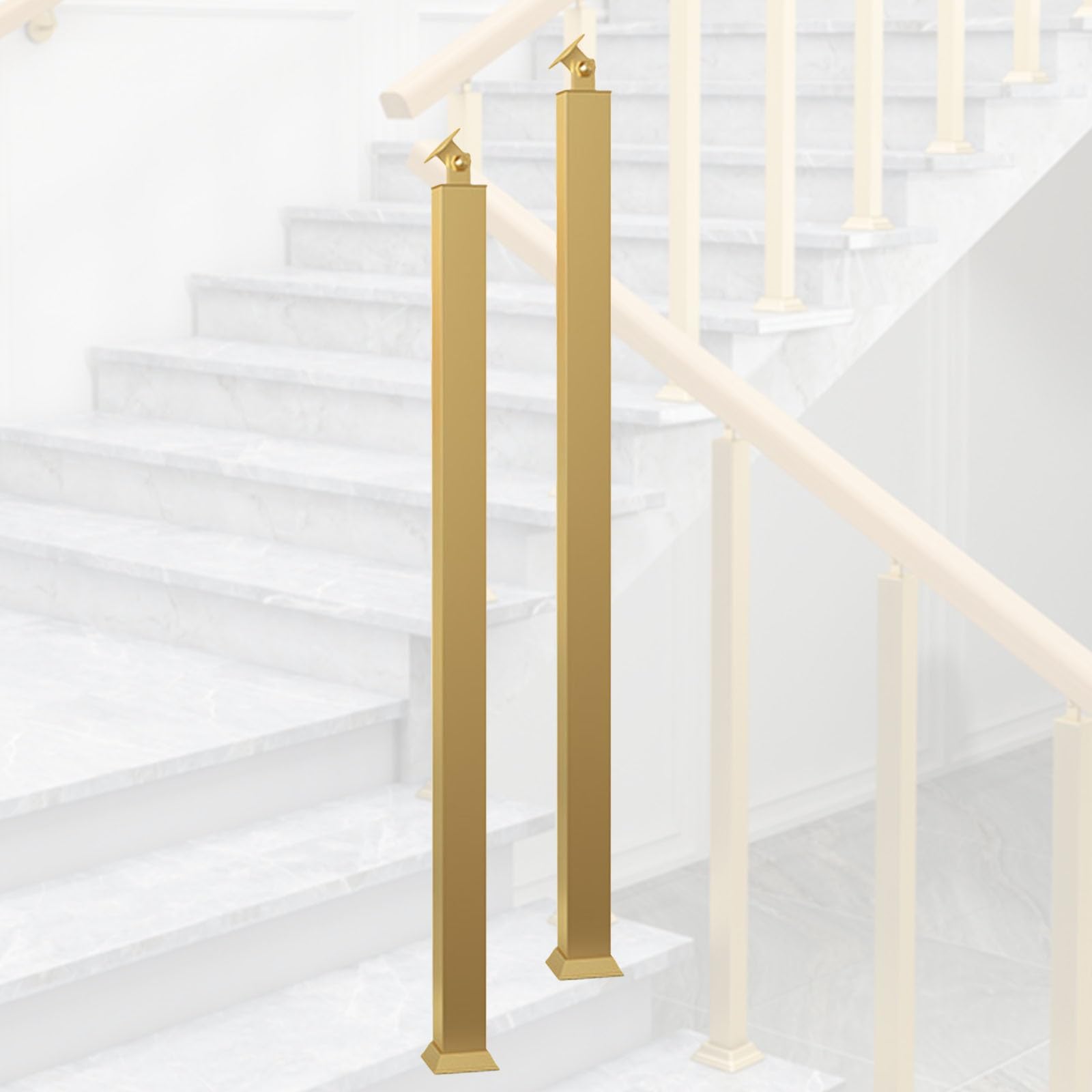 Stair Balusters Iron Gold for Interior Stairs, 270° Adjustable Step Banister/Square Staircase Spindles Posts for Stairway Deck Yard Entryway, with Floor Base Kit(2pc,57.1"/145cm)