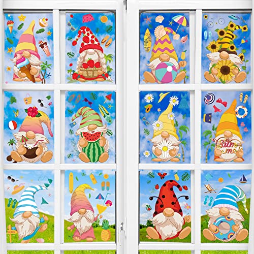Ctosree 12 Sheets Summer Window Clings Gnome Stickers Watermelon Ice Cream Pineapple Flower Gnome Window Glass Stickers for Summer Party Decorations