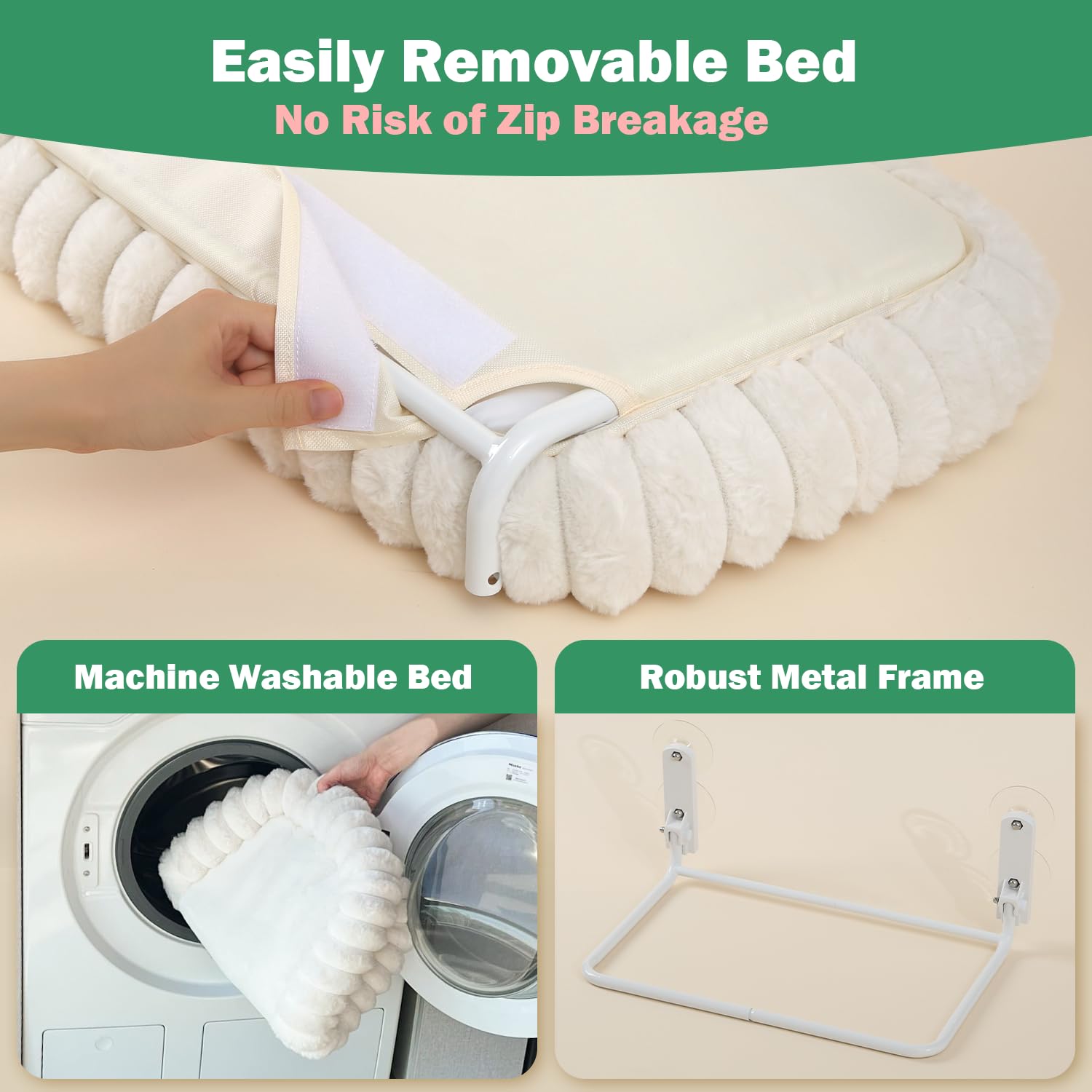 Zakkart SnugCloud Foldable Cat Window Perch - Cordless, Ultra Soft Machine Washable Bed with 4-Sided Bolster, Metal Frame - Window Hammock for Large Cats and Kittens (Cream White, Medium) - image 4