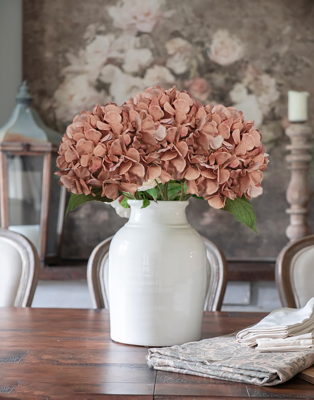 Hollyone 4 pcs Brown Hydrangea Artificial Flowers with 16.9'' Long Stem, Fake Flowers Dried Flowers - Image 3