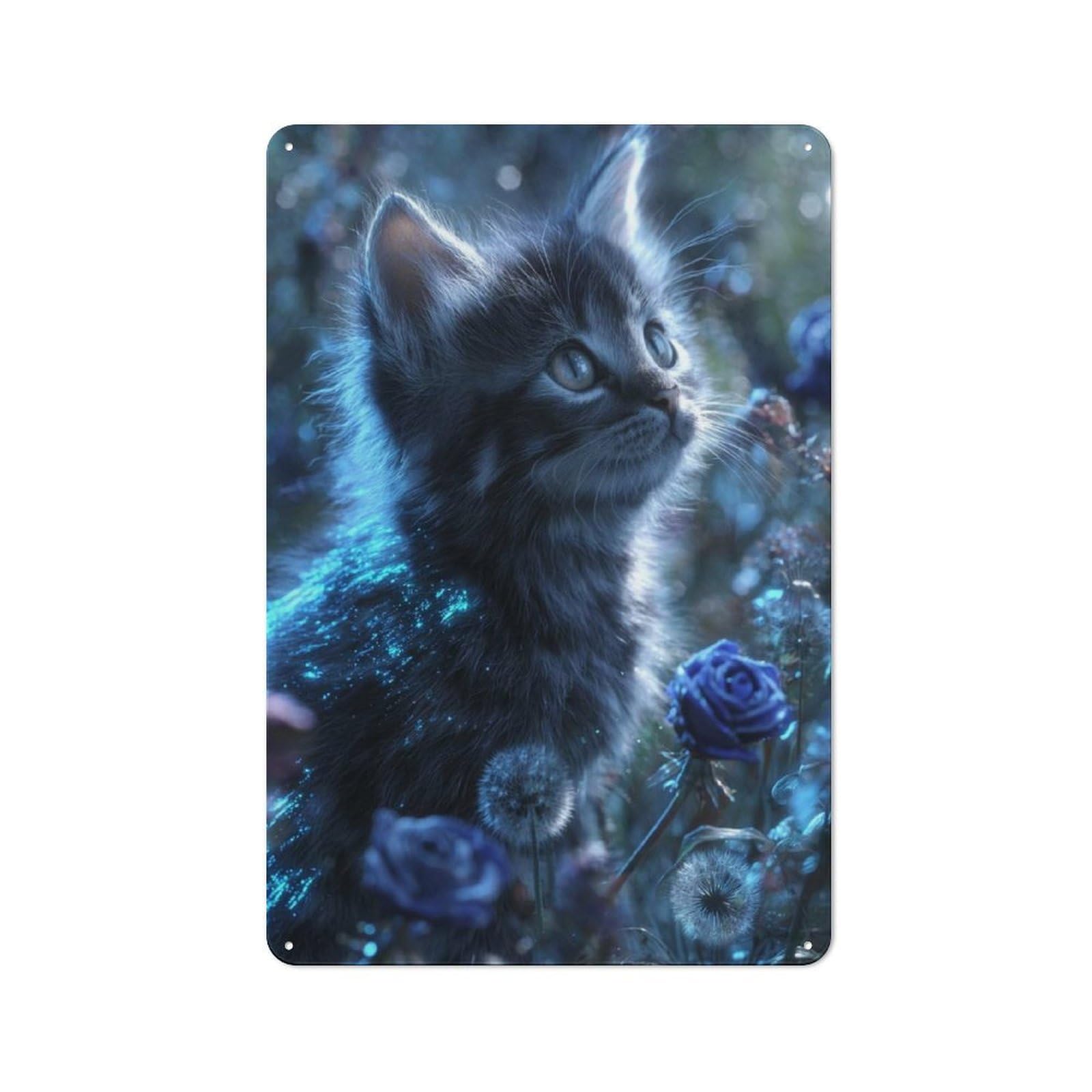 Junmoney Style-13 Vintage Tin Sign 30X20cm With Kitten In A Magical Blue Garden For Man Cave Or Games Room, For Vintage Wall Decor Fans, For Metal Sign Collectors