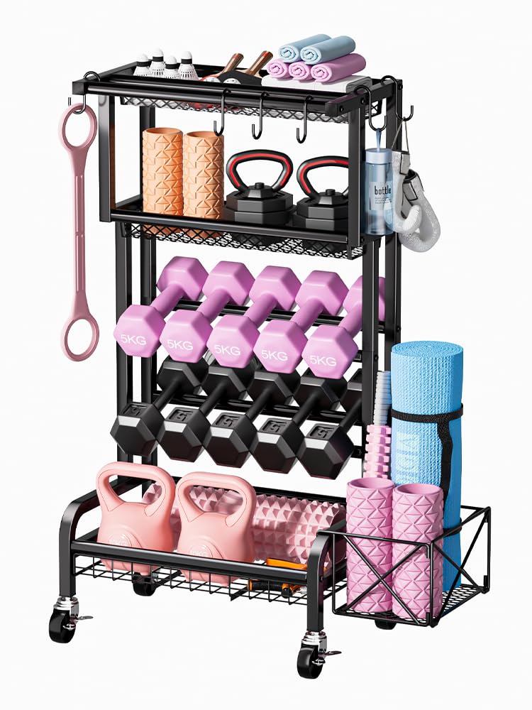 Support d'haltères Multifonction pour Haltères | Organiseur de Pour Haltères Avec 4 Roues Pivotantes, Applique Également à Kettlebells, Rouleau en Mousse