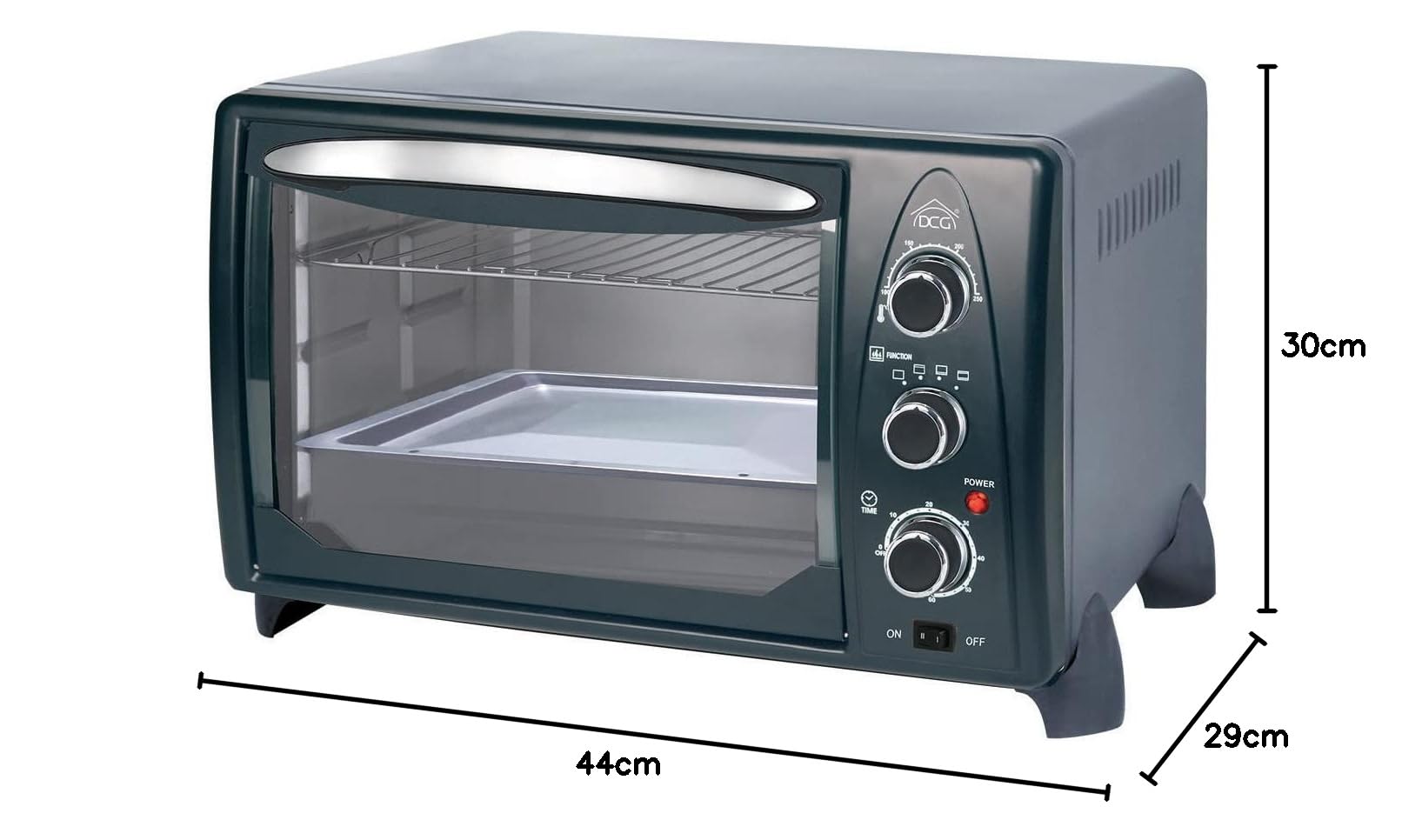 DCG MBN24 - Forno elettrico, termostato regolabile, ventilato, spia luminosa, 4 posizioni di calore, Nero/Grigio, 1380 W, 24 litri, 44 x 29 x 30 cm