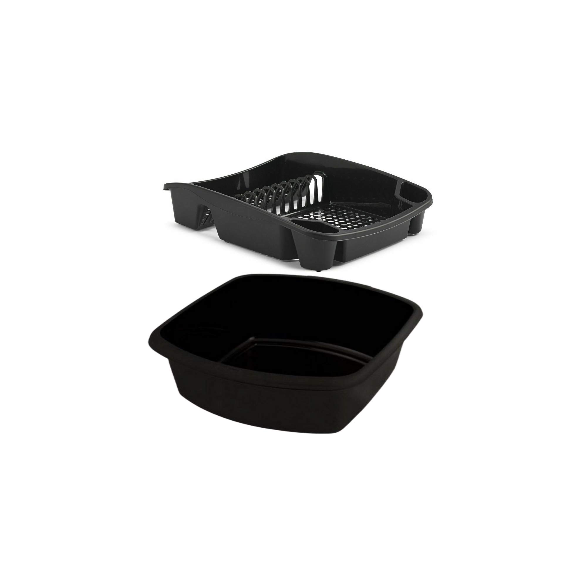 Galleries Plastic Small Washing up Bowl and Small Dish Drainer Rack Kitchen Plate Holder Set of 2 (Black)