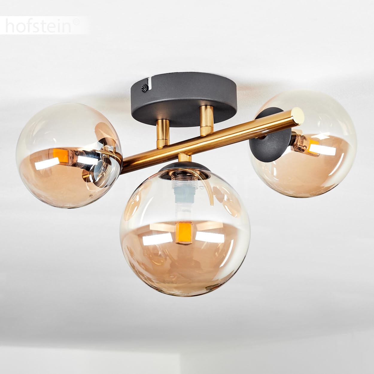 Lampada da soffitto Chehalis, lampada da soffitto in metallo/vetro nero/oro/ambra, design retrò/vintage con ombrelli in vetro (Ø 10 e 12 cm), 3 LED G9, senza lampadina