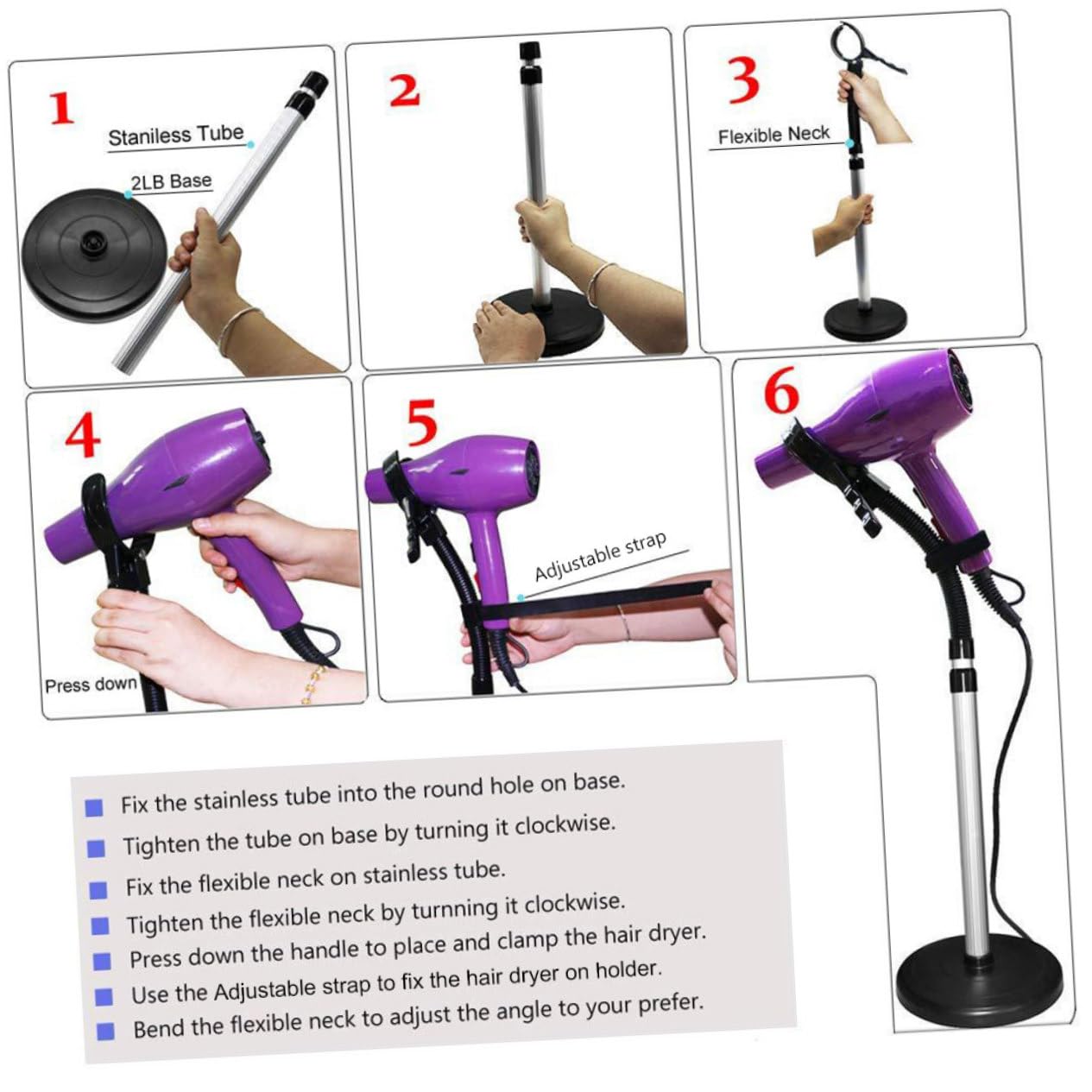Soporte para Secador de Pelo Manos Libres con Ventosa Giratoria 360° | Aleación y Goma, Negro, Instalación Fácil, Soporte para Peinado y Rizado