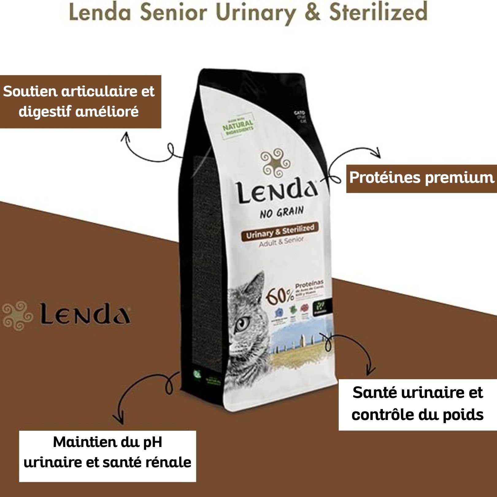 Lenda Chat Senior Urinary & Sterilized 7Kg - Croquettes Chat Urinary pour Chats Âgés avec Problèmes Urinaires - Nourriture Chats Stérilisés - Naturel sans Céréales - Cat Food avec Chondroprotecteurs