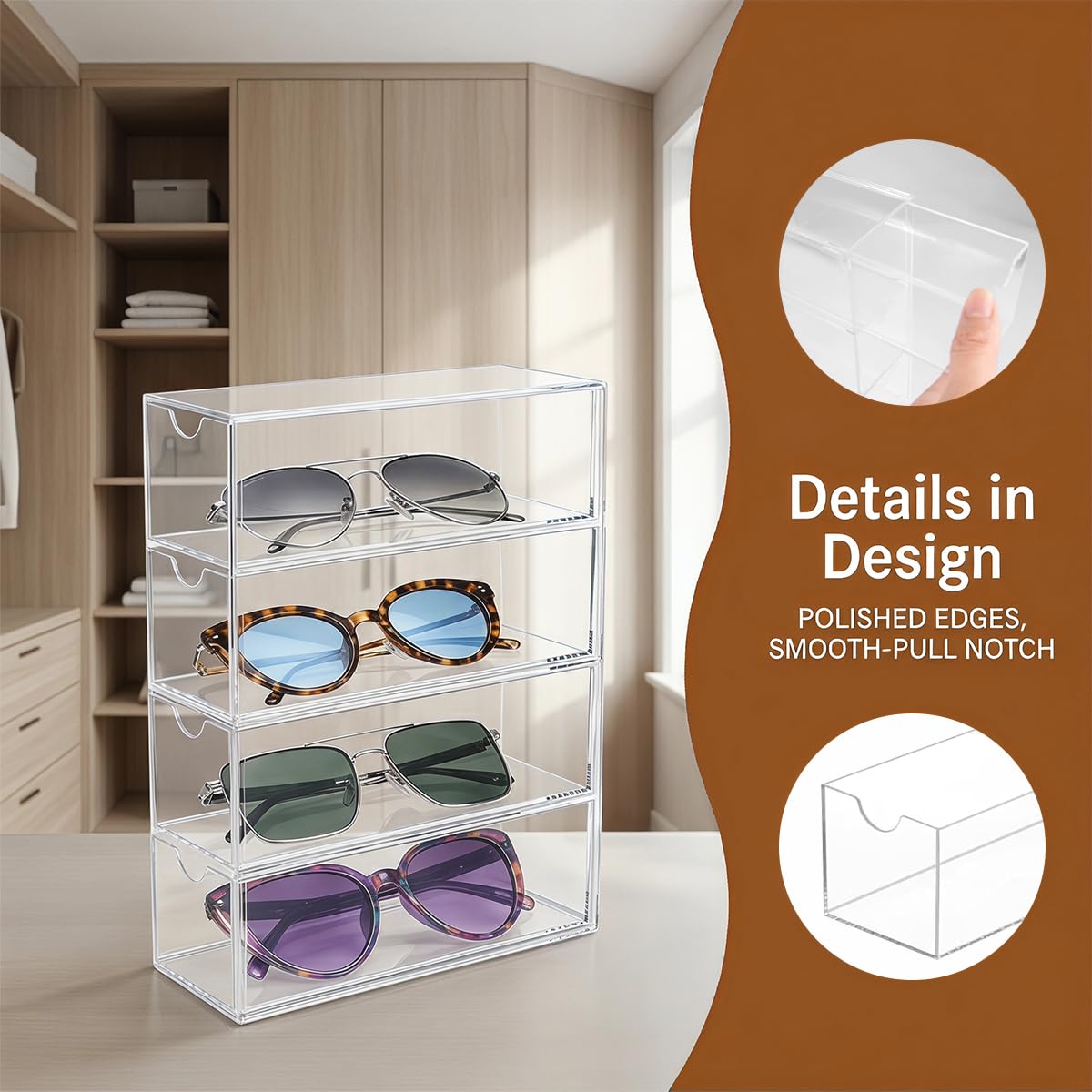 Organizador de Gafas de Sol Acrílico 24,5 x 17,5 x 6,5 cm Caja con 4 Cajones Transparente Apilable