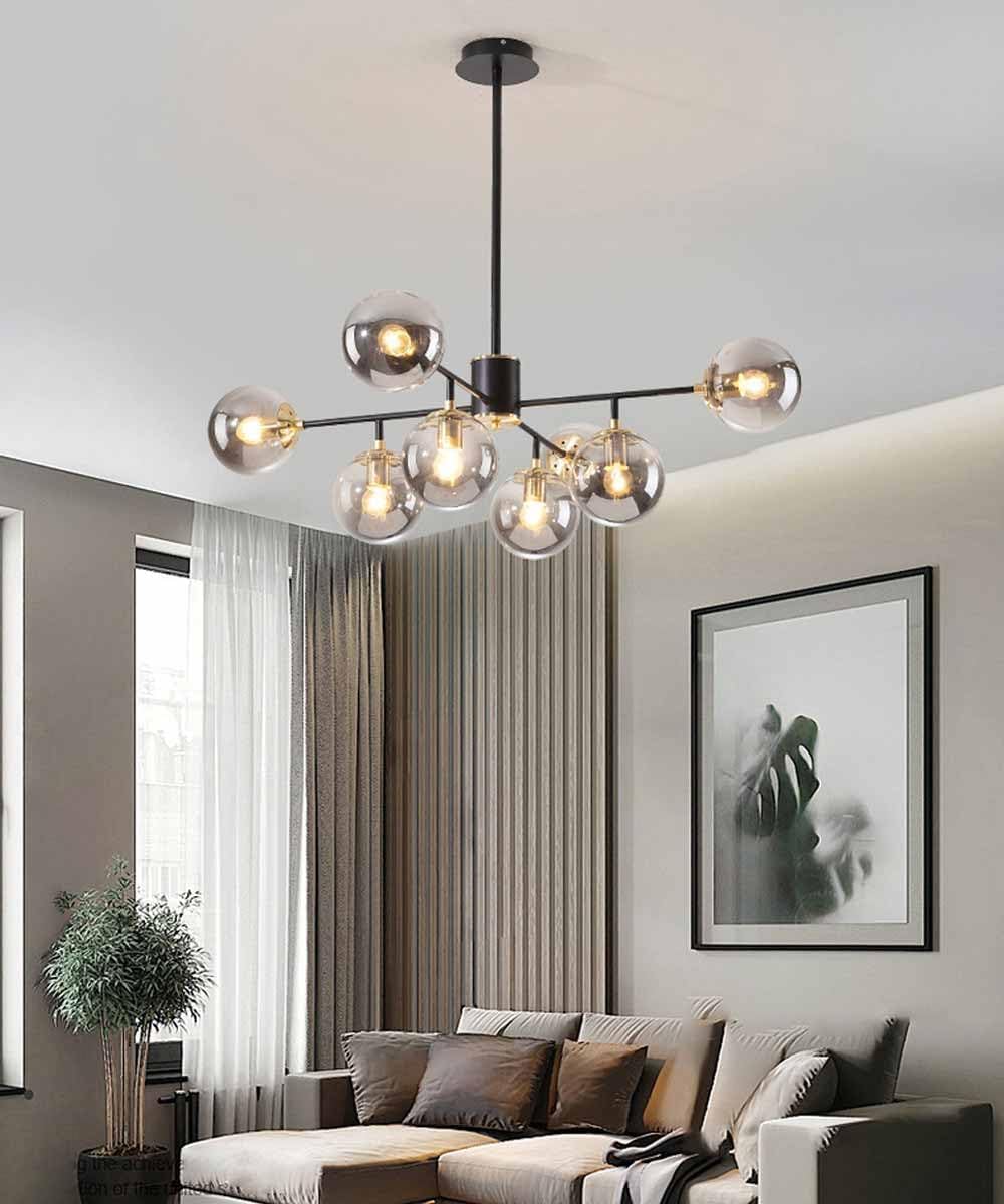 Lampadario a Sfera in Vetro Mid-Century Illuminazione a Sospensione a soffitto in Vetro Multiplo Lampadario in Metallo Nero ad Altezza Regolabile per Soggiorno, Sala da Pranzo, Camera da Let