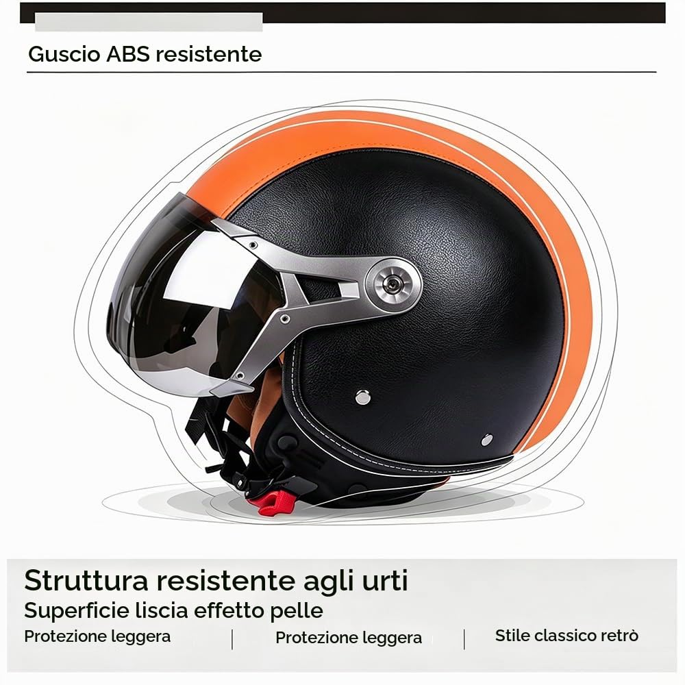 Casco Jet Classic Vintage in Pelle Con Visiera, ECE 22.06 Omologato, Per Donna Uomo Scooter Chop Ciclomotore Retrò Pilota di Moto a Mezza Calotta (57-62cm)