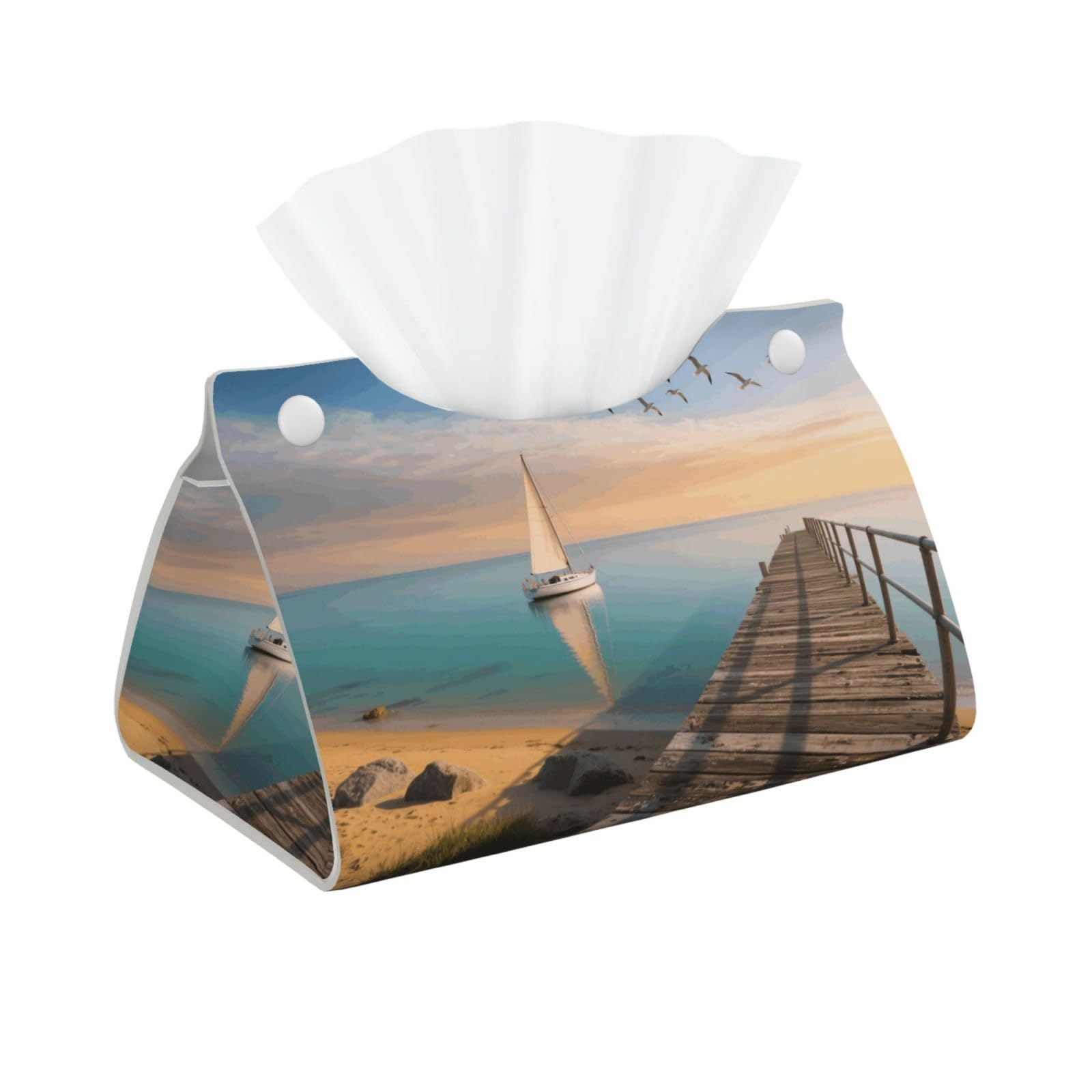 Pu Leather Tissue Box Cover, Beach Sailboat Seascape Rectangle Tissue Case Covers Decorative Tissue Box Holder Waterproof Tissue Holder Organizer for Bathroom Home Office