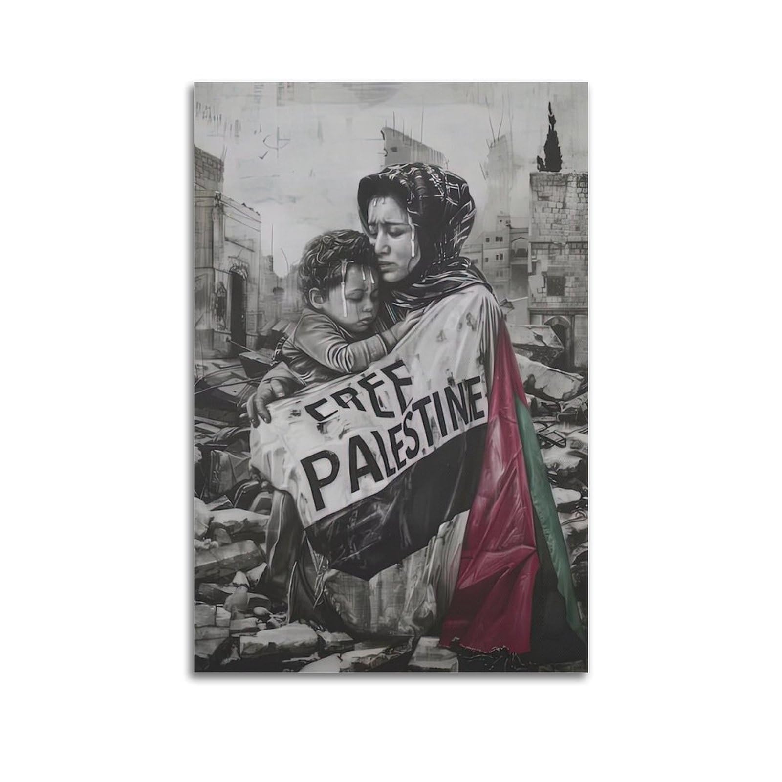 XKUGA Mid-East Conflict Anti-War Poster Ruins Refugee Family Modern Decorative Canvas Prints - Ideal Wall Art for Family, Man Cave, Game Room, Boys & Girls Bedroom 20x30inch(50x75cm)