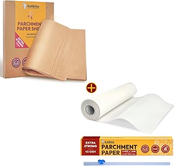 Katbite 205 SQ FT Heavy Duty 15inch Parchment Paper Roll & 200Pcs 12x16 In Unbleached Parchment Paper for Baking