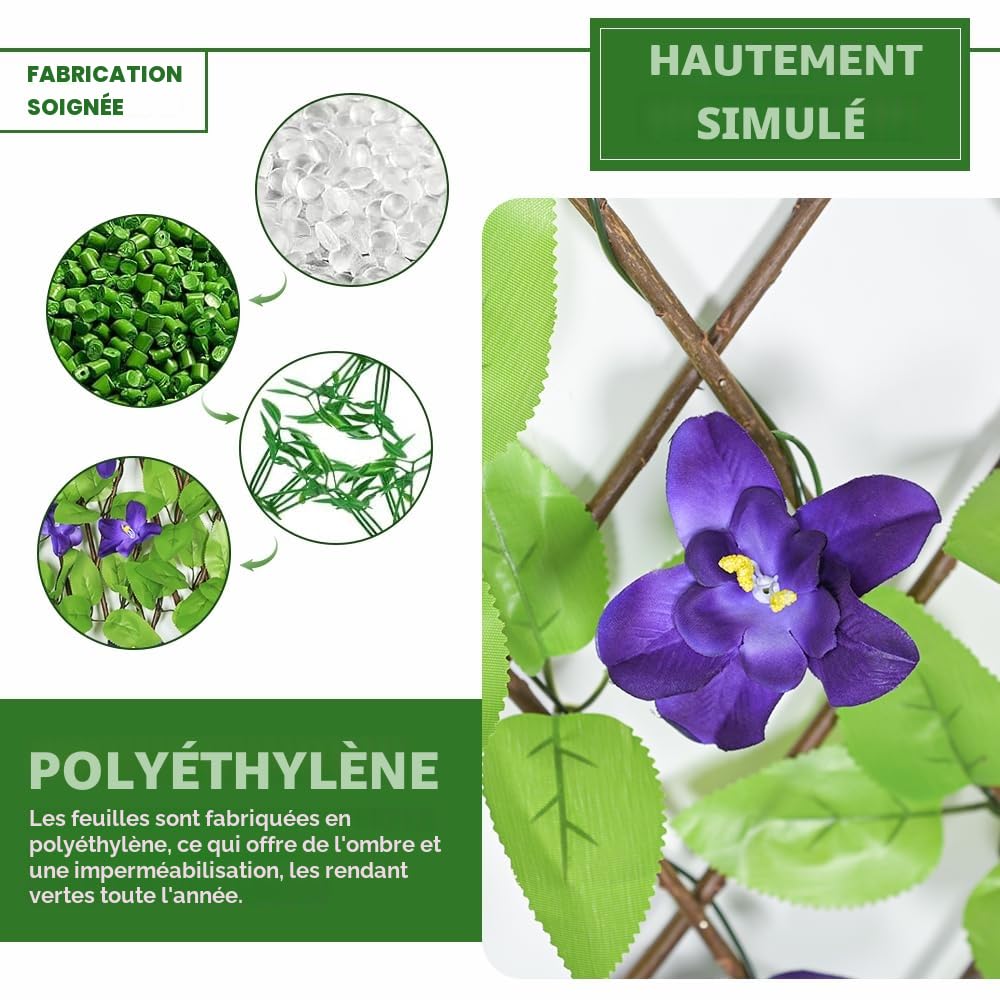 Lot de 2 brise-vue extensibles pour balcon, terrasse, extérieur, clôture décorative en faux lierre, haies artificielles, 30 x 200 cm, étendue (fleurs violettes)