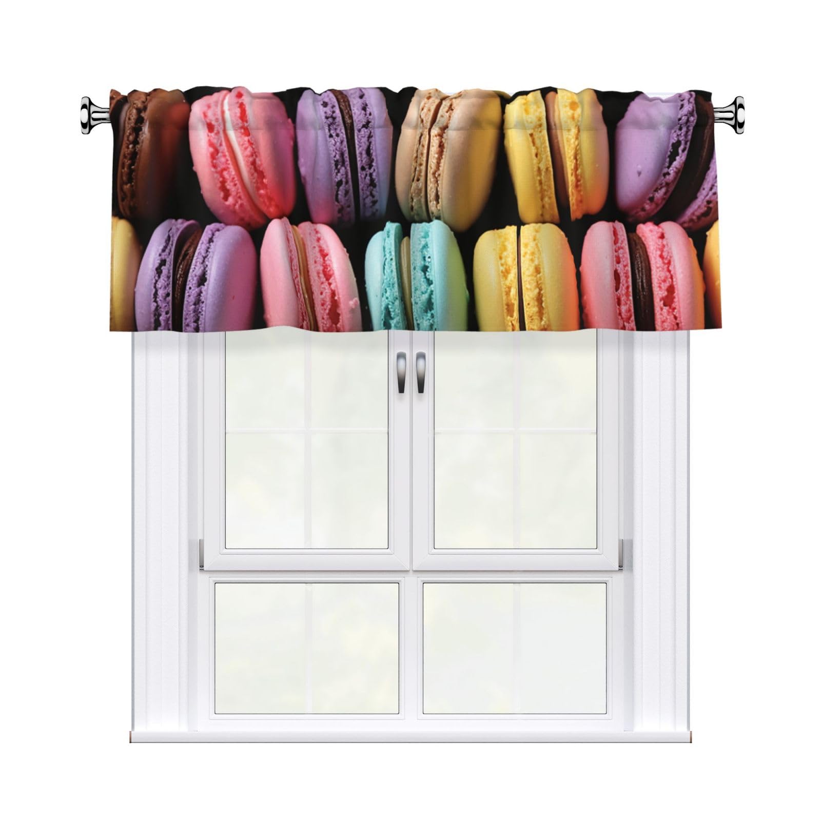 Macaron Biscuit Flavored Pastries Valance Curtain 54 X 18 Inch,Blackout Kitchen Valance Window Treatments Rod Pocket Drapes Modern Art Short Curtains for Kitchen Windows Bathroom Bedroom