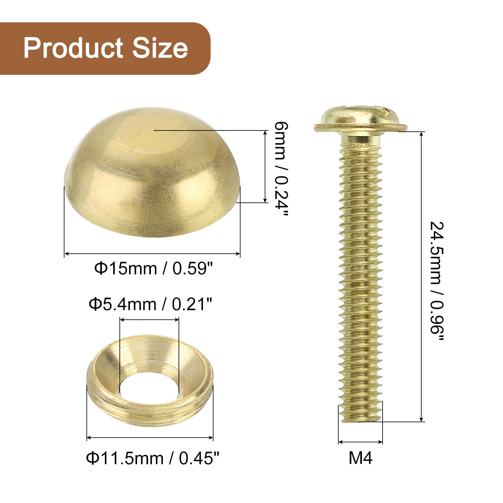 QUARKZMAN 4Pz Viti Decorative in Ottone con Tappi, 15 Mm Viti per Specchi Chiodi per Copri Tappi, Elementi di Fissaggio per Mobili a Specchio Decorativi, Oro