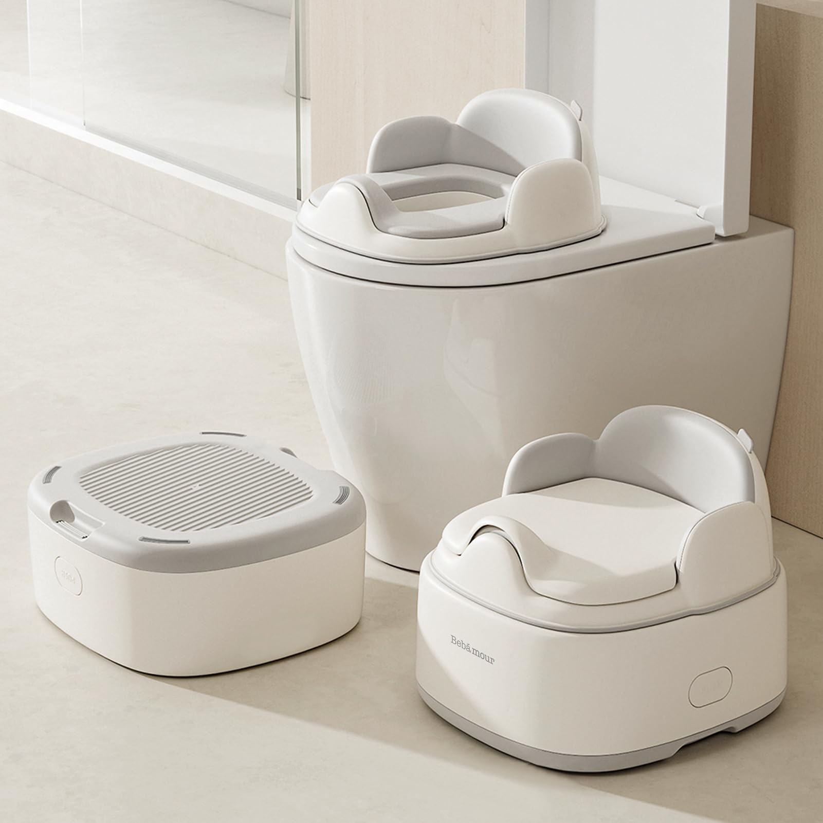 Bebamour Vasino da viaggio per bambini pieghevole WC sedile per bambini portatile vasino formazione auto vasino con 100 pezzi Potty Liners,Grey(for multiple uses)