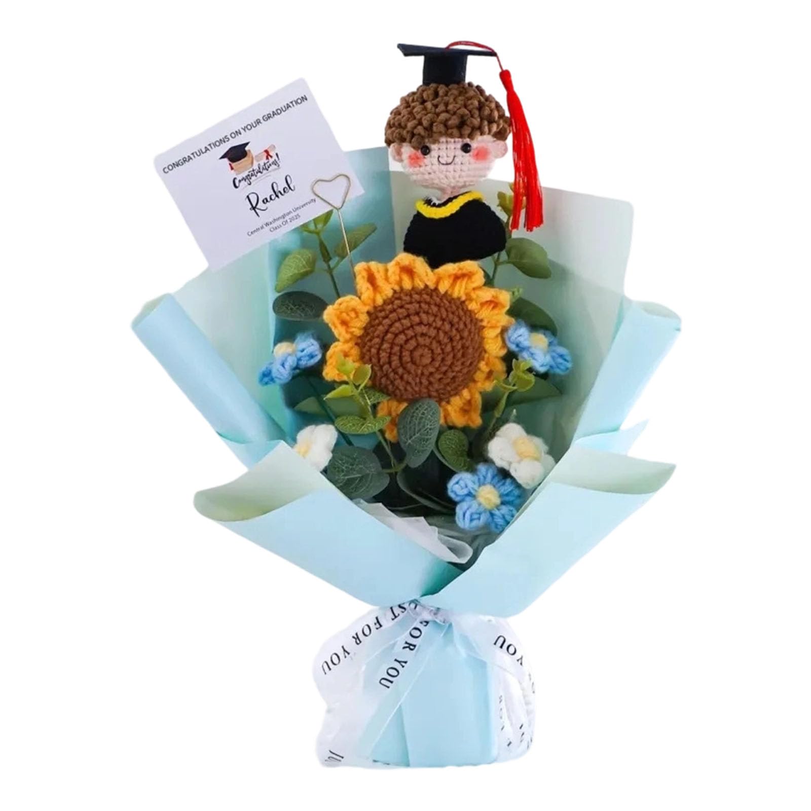 ZEPFJHE Unique Cotton Crochet Graduation Bouquet with Lovely Doll Perfect Hand-woven Flower Birthday Gift Doll Gift