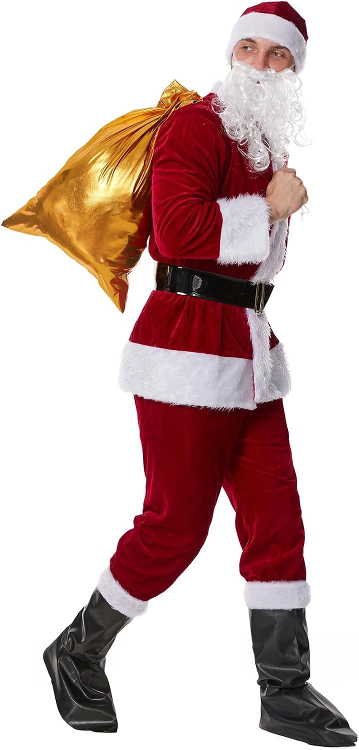 Santa Claus Costume Suit for Men with Green Fur Pants