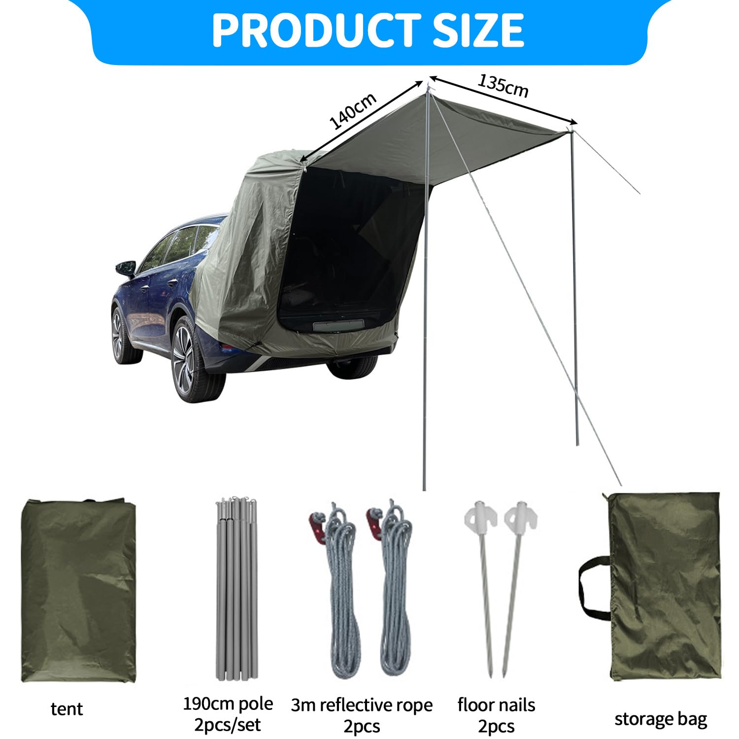 Tienda de Campaña para Coche, Carpa para Portón Trasero con Mosquitera, a Prueba de Viento, Protector Impermeable AutomóVil para SUV, Toldo para Auto para Acampar y Aventuras al Aire Libre, Caqui