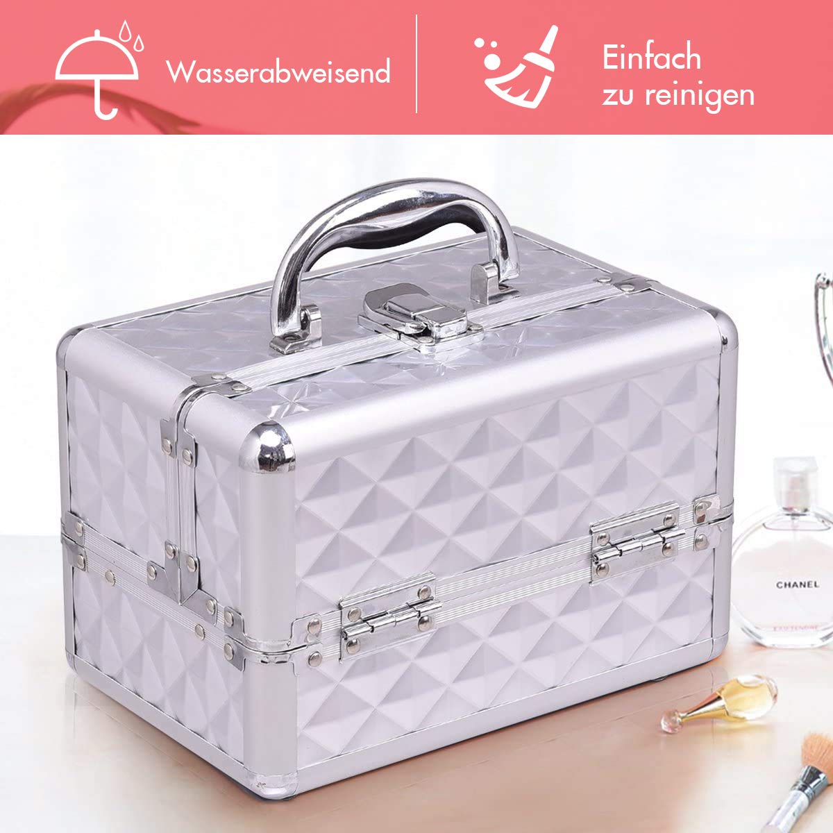 RELAX4LIFE Kosmetikkoffer, Schminkkoffer mit Spiegel, Kosmetikkasten tragbar für Reise, Beauty Case 3 Fächer, Make up Box für Lippenstifte & Nagellack & Schmuck, Friseurkoffer klappbar (Silber)
