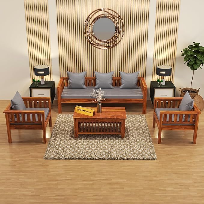 Image of Sheesham Wooden 5 Seater Sofa for Living Room | Rosewood 5 Seater Cushion Sofa Low Height | Solid Wood Sofa Set for Lounge (3+1+1,Honey Finish)