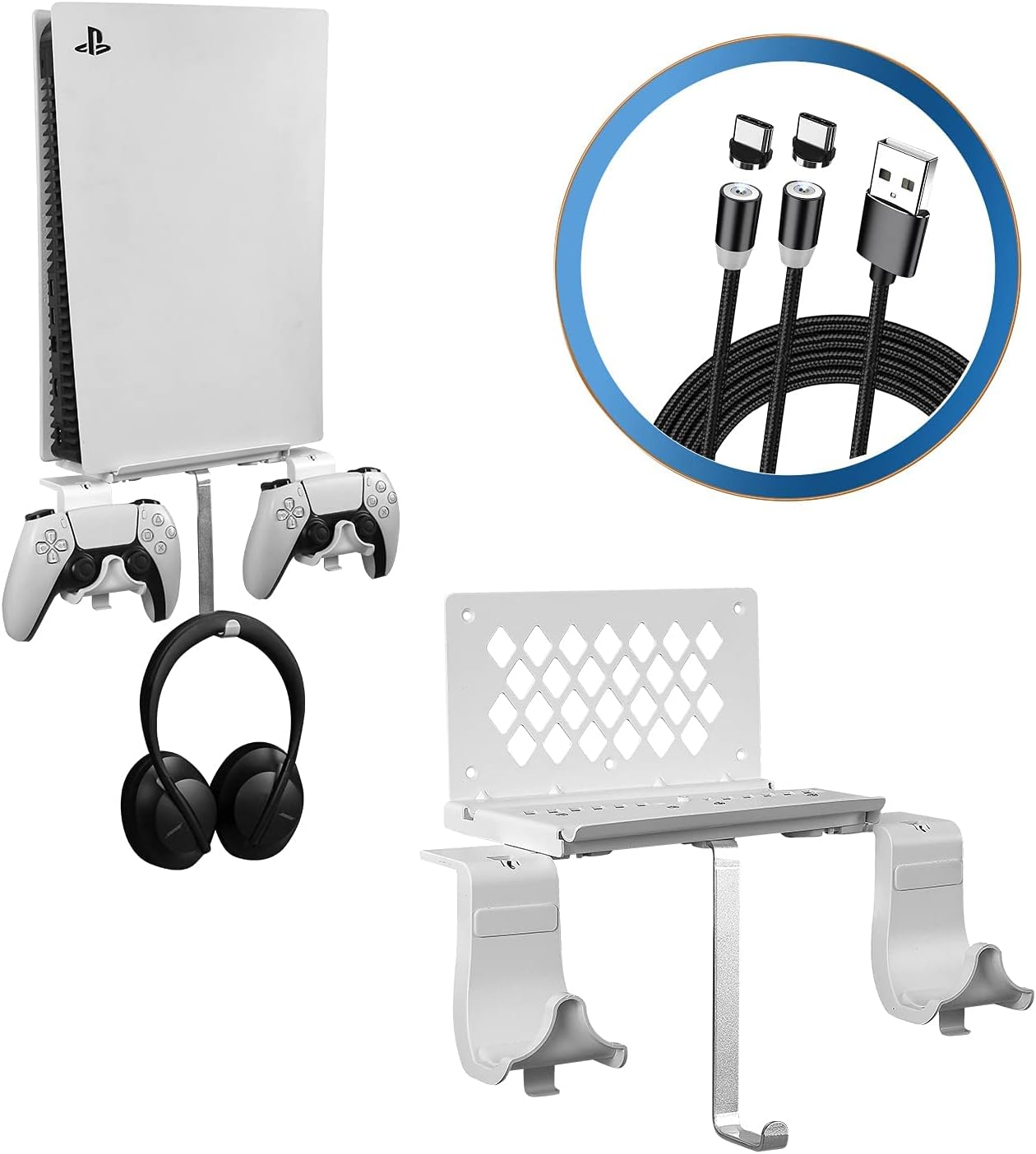 5 in 1 PlayStation 5 (PS5) Wall Mount Stand Bracket Bundle Set with 2 Way Charging Cable, Detachable Controller Holder & Headphone Hanger, Heat Dissipation Design, with Spirit Level & Non-Slip Mat