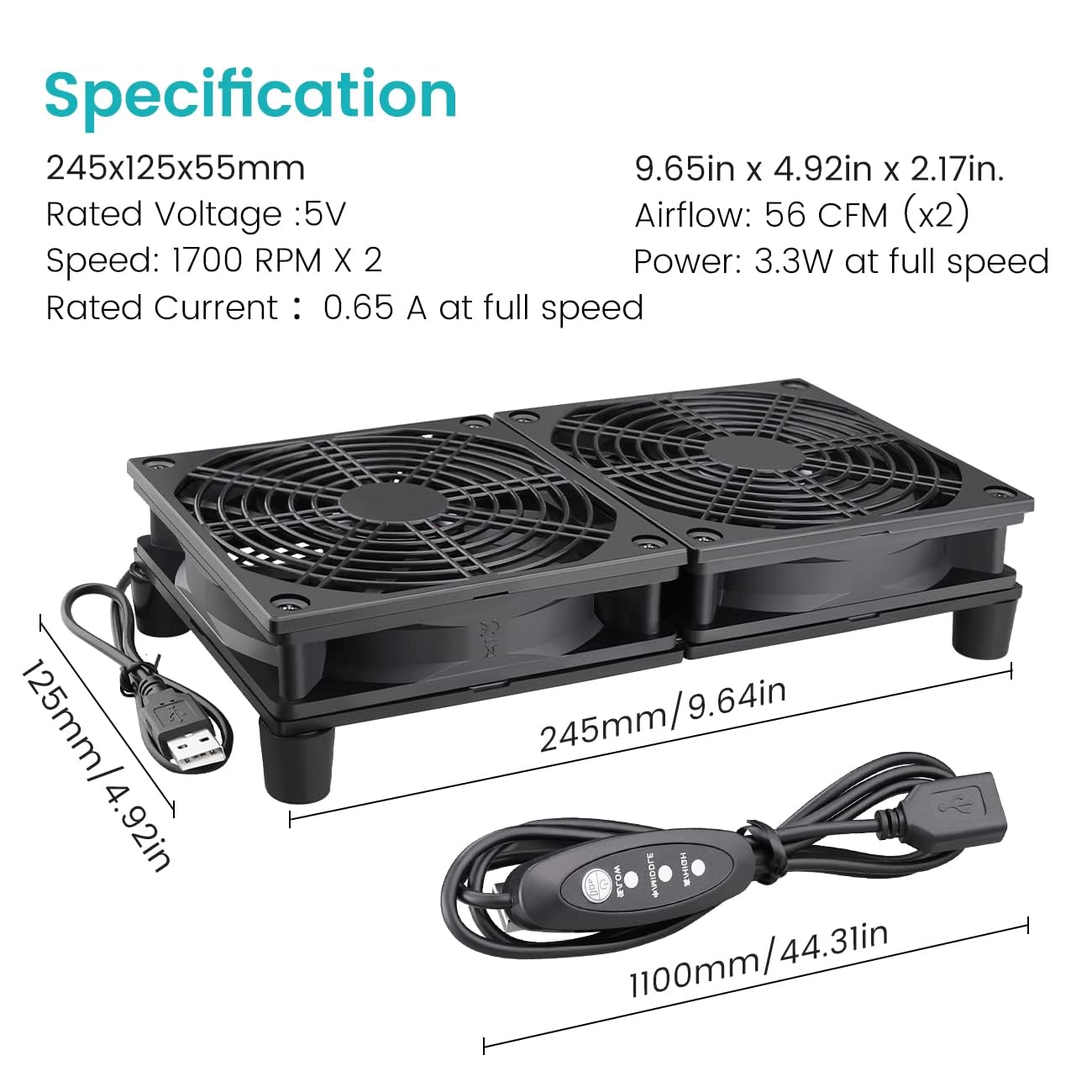 Wathai Ventilador USB 2 en 1, 120 mm, doble ventilador de 5 V para PC, con 3 niveles