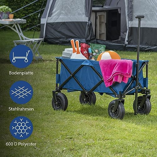 Campart HC-0414 – Faltbarer Bollerwagen Rochelle – Luftreifen – 103 L – bis zu 70 kg – mit Aufbewahrungstasche – Blau