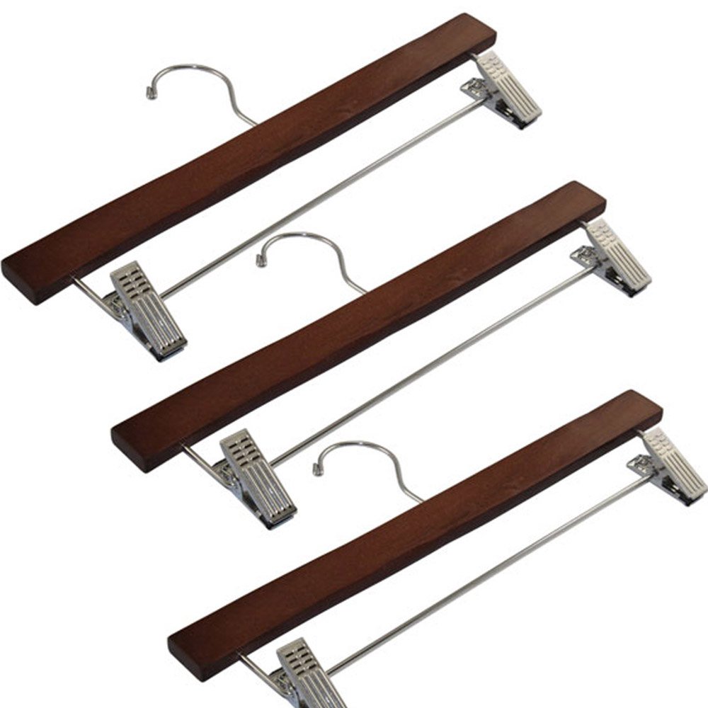FireKingdom 3pcs Beautiful Dark Cherry Finish Adult Size Solid Wood Wooden Hangers with Polished Chrome Hook Clamp for Clothes Trousers Pants Skirts