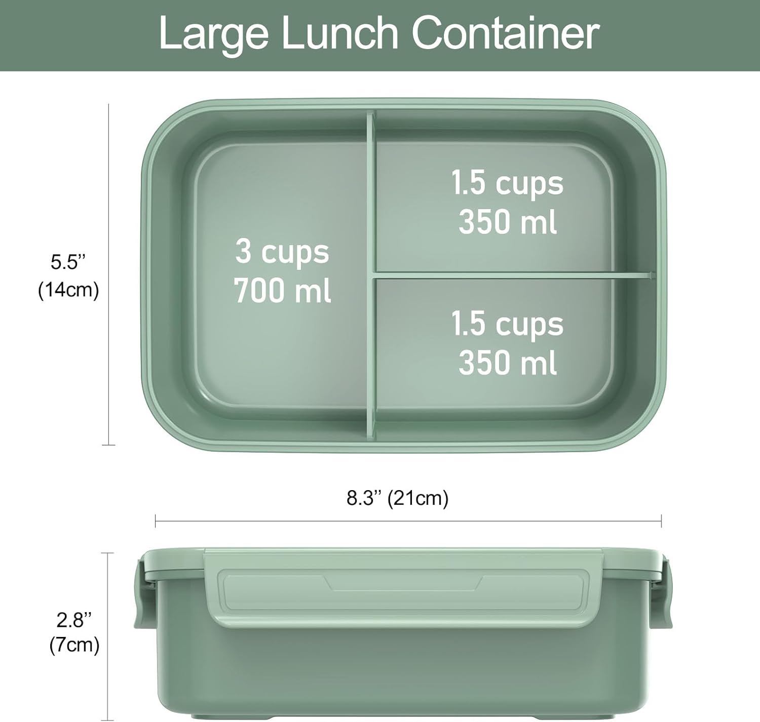 Caperci Classic Bento Box Adult Lunch Box for Older Kids - Leakpoof 47 oz 3-Compartment Lunch Containers for Adults and Teens, Built-in Utensil Set, Ideal for On-the-Go Balanced Eating,Khaki Green - Image 6