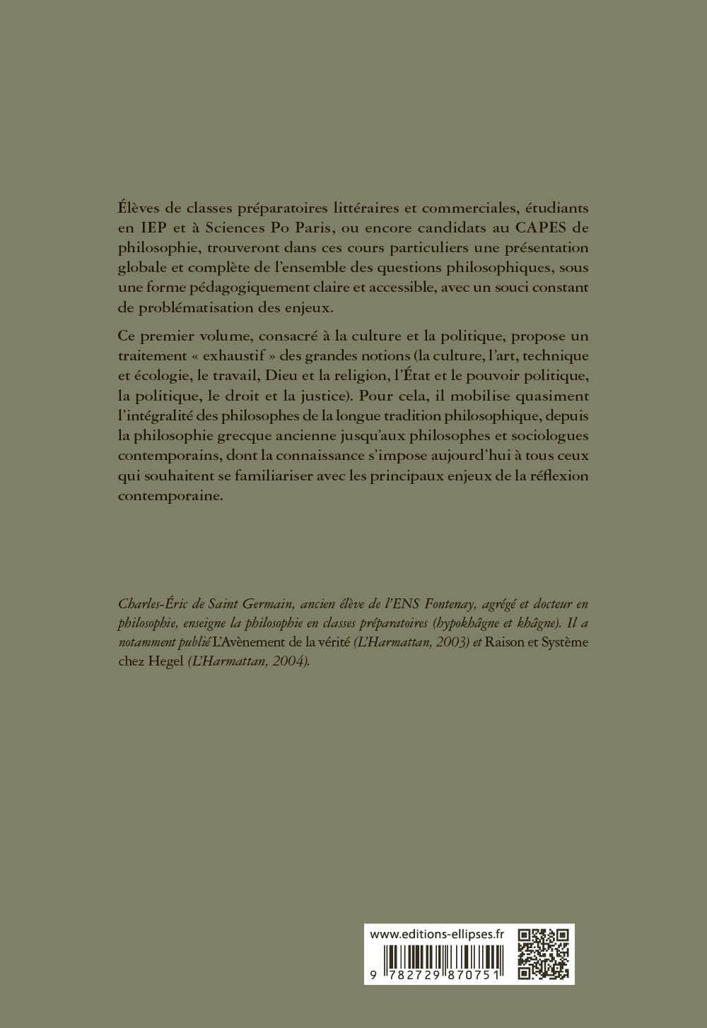 Cours Particuliers de Philosophie, volume 1 : Culture & Politique (Culture Art Technique Ecologie)