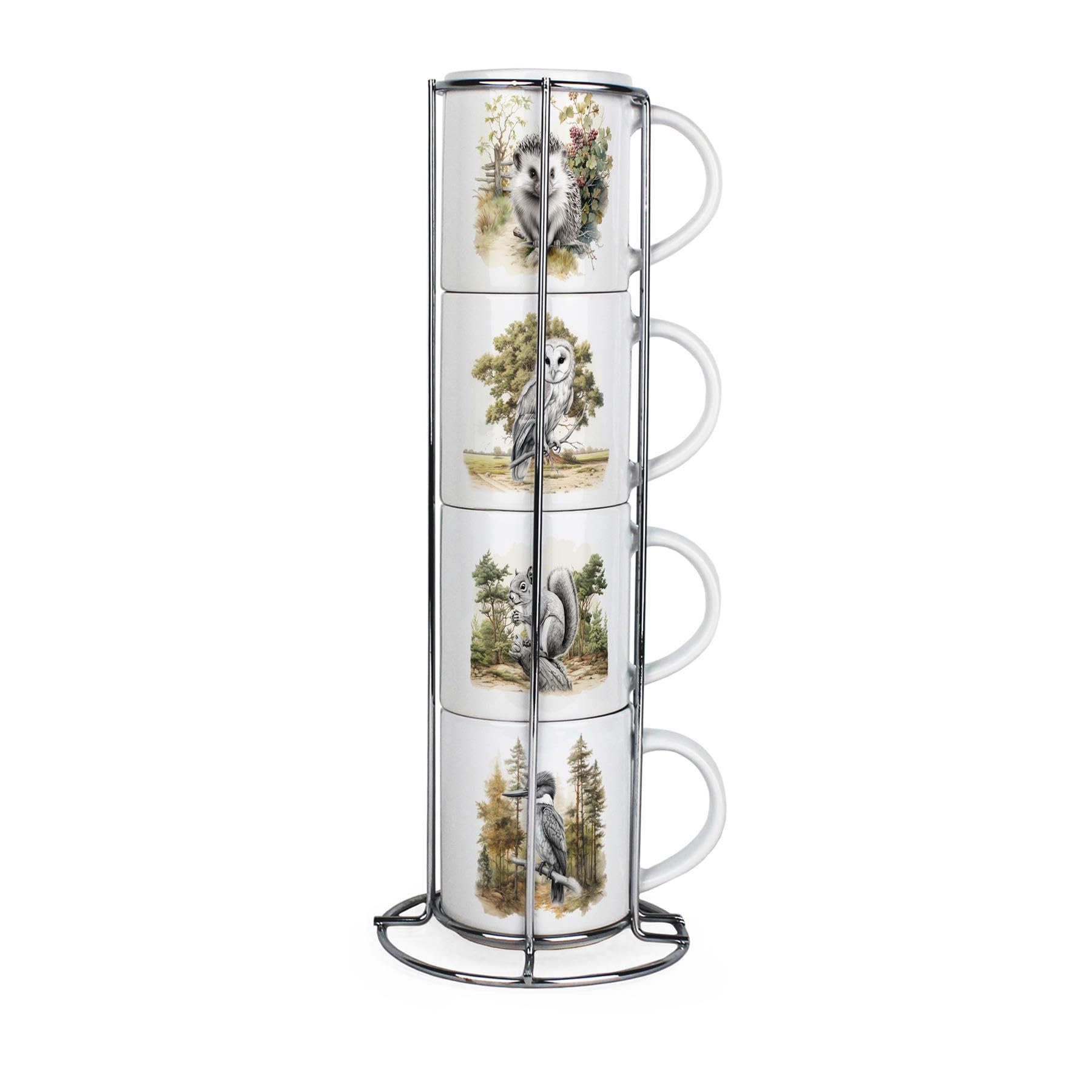 Purely Home British Animals & Birds Stacking Mugs Set - Set of 4 Small Ceramic Mugs Gift Set with Metal Stand