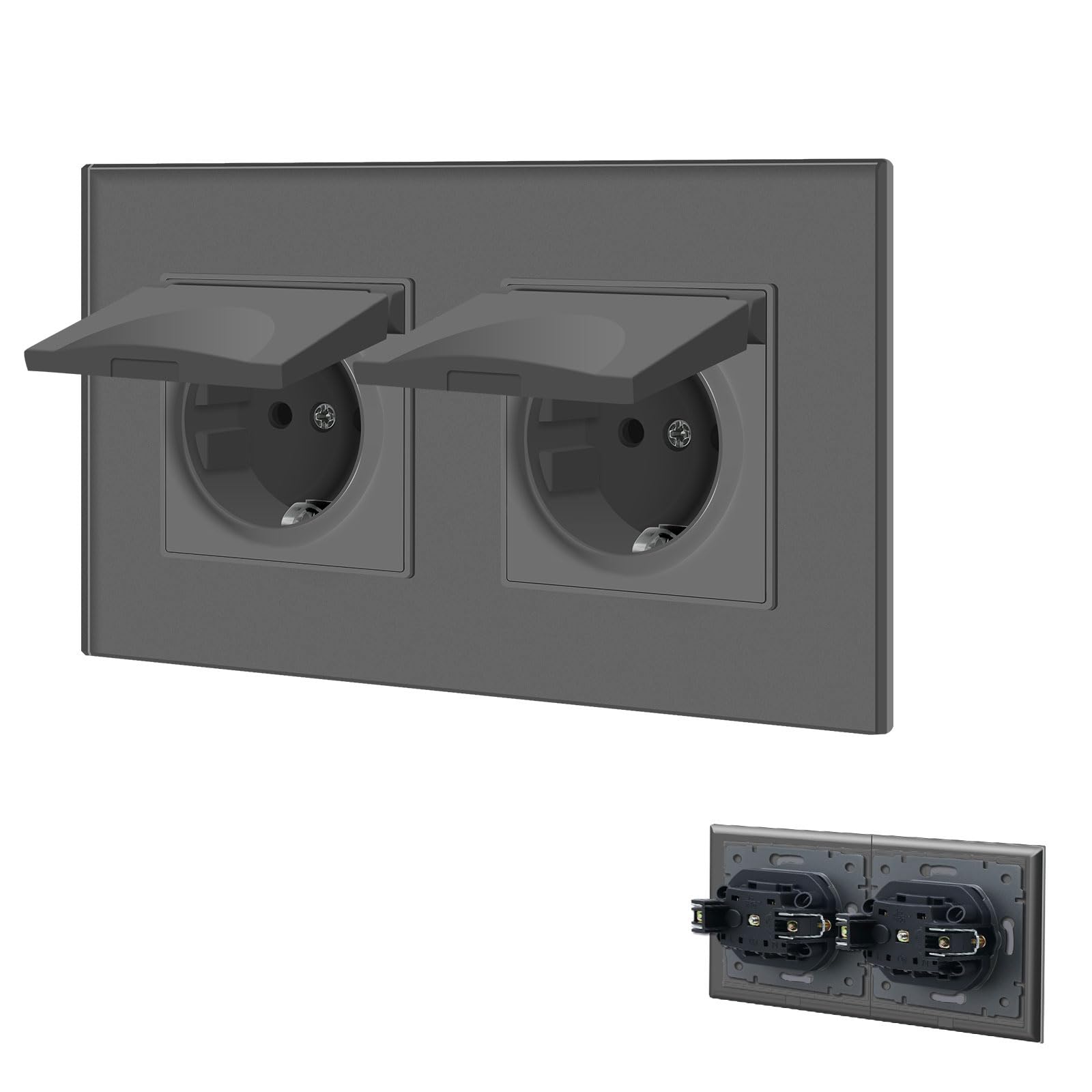 BSEED Steckdose 2 Fach mit Wasserdichter Abdeckung, Unterputz Steckdose mit Steckklemme mit Kristall Glas Platte, Doppelsteckdose Einbausteckdose 16Amp Wandsteckdose 157mm, Grau