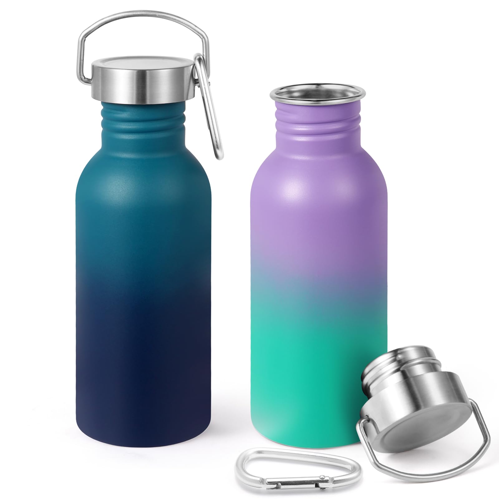 Volhoply 600ml Uninsulated Single Walled Water Bottles 2 Pack, Stainless Steel Reusable Water Bottle with Handle & Carabiner, BPA Free 18/8 304 Sports Water Bottles for Camping Hiking（Assorted,2）