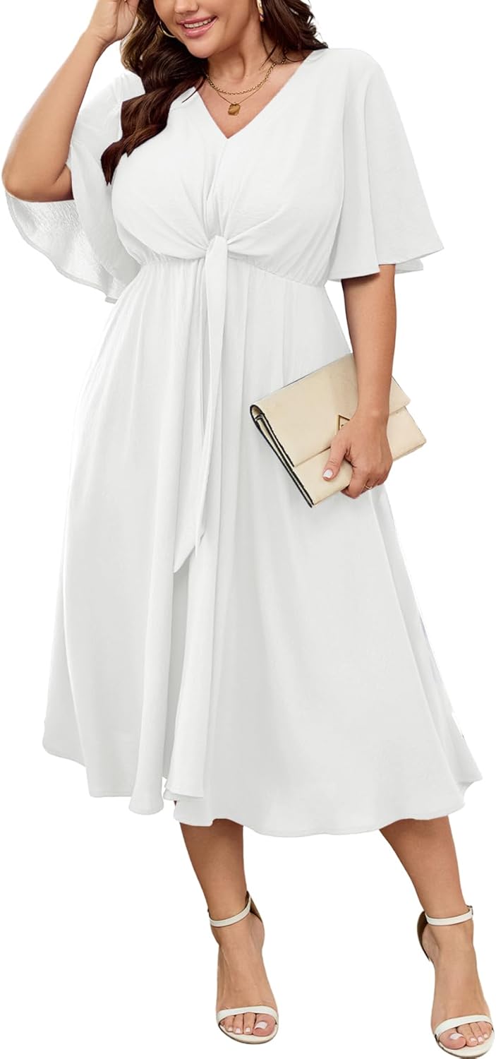 SCOMCHIC Women Plus Size Midi Dresses Wedding Guest Short Sleeve V Neck Tie Waist Casual Summer Flowy A Line Dress
