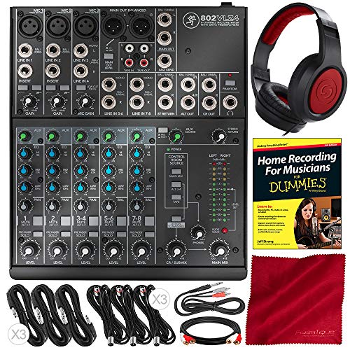 Mackie 802VLZ4 8-Channel Ultra Compact Mixer with Onyx Preamps and Premium Accessory Bundle with Mixing Headphones + Home Recording Guide + 8X Cables + Fibertique Cloth