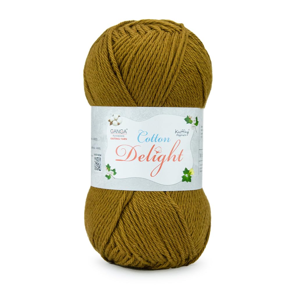 Ganga Acrowools Cotton Delight, Dk Weight Cotton Yarn, Oekotex Class L Certified 100G, 169M, Pack of 1 Ball - 100gm Each, Shade No. - COD046 - Bronze Olive